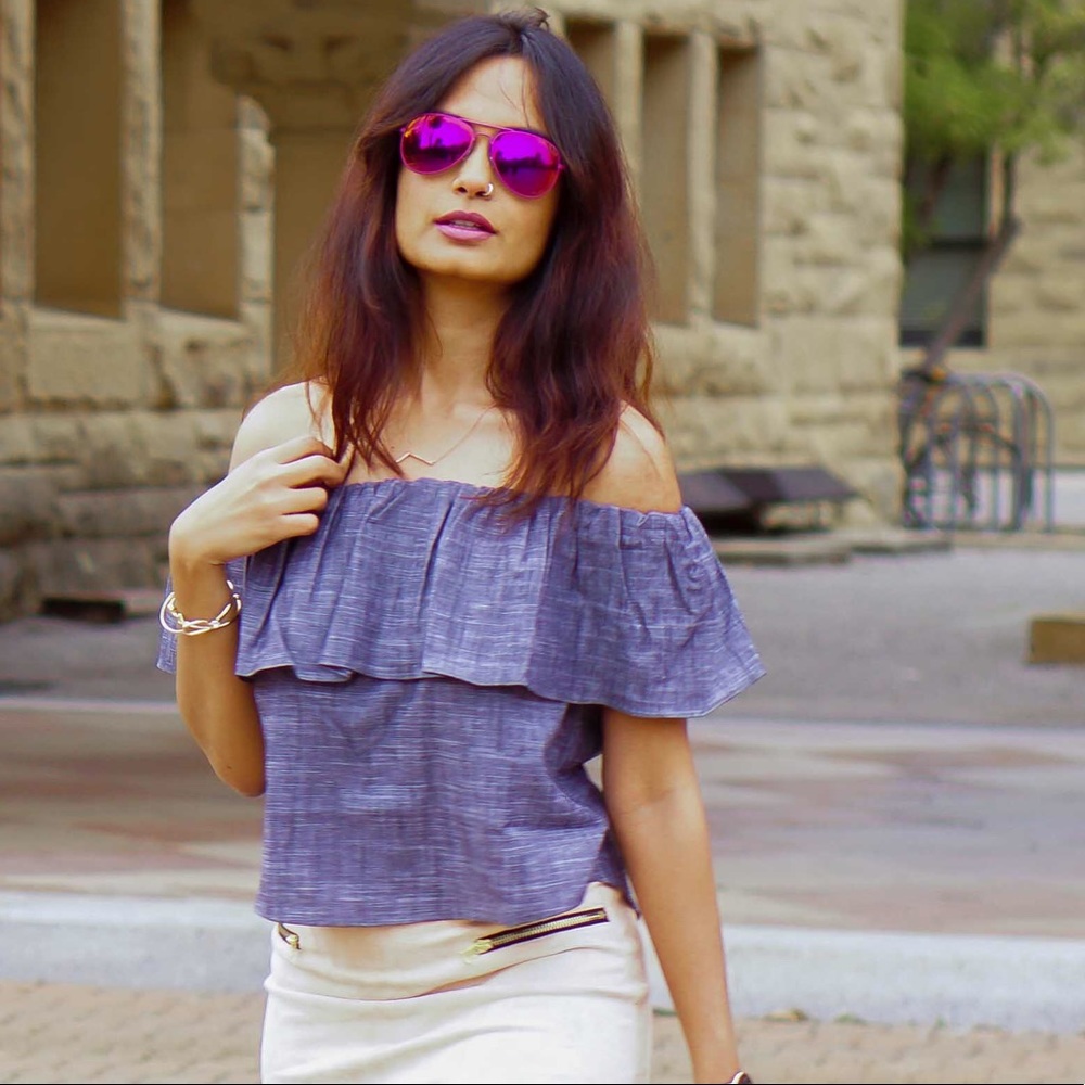Chambray tulip back off shoulder top